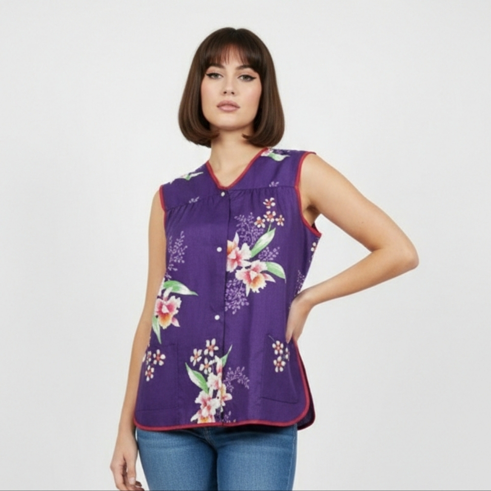 Vintage Purple Red Floral Tank Pearl Snap Retro Boho Hippie M